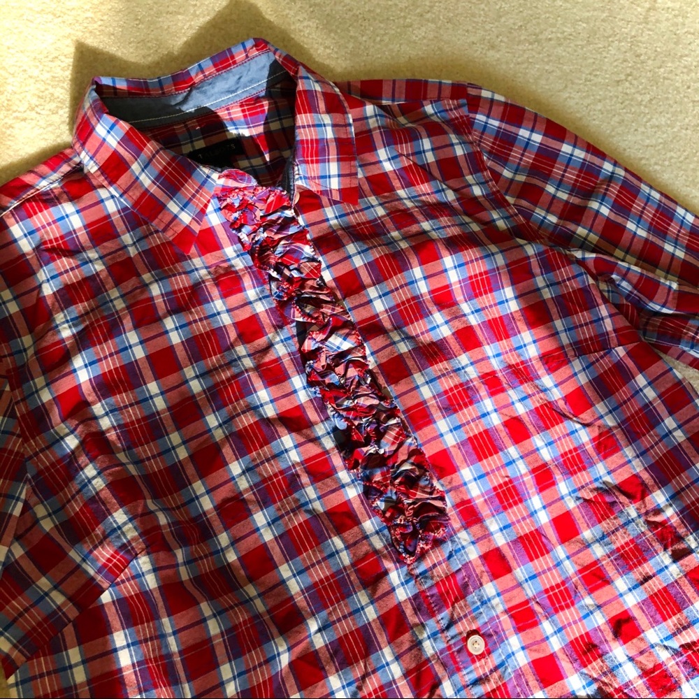 Talbots Ruffle Plaid Top Blue & Red - Picture 4 of 7